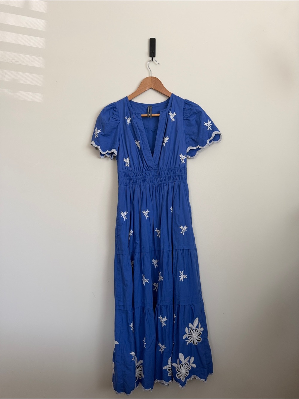 Anthropologie Blue Embroidered V-Neck Maxi Dress